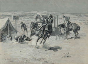 Charles M. Russell - He Snaked Old Texas Pete Right Out of His Wicky-up, Gun and All, 1905