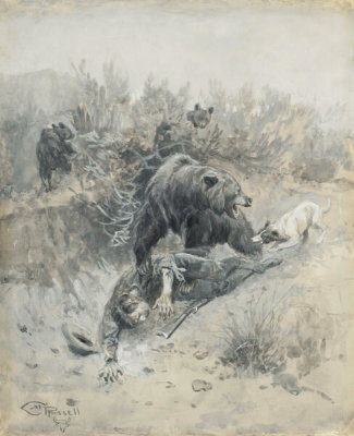 Charles M. Russell - He Tripped and Fell into a Den on a Mother Bear and Her Cubs, 1910
